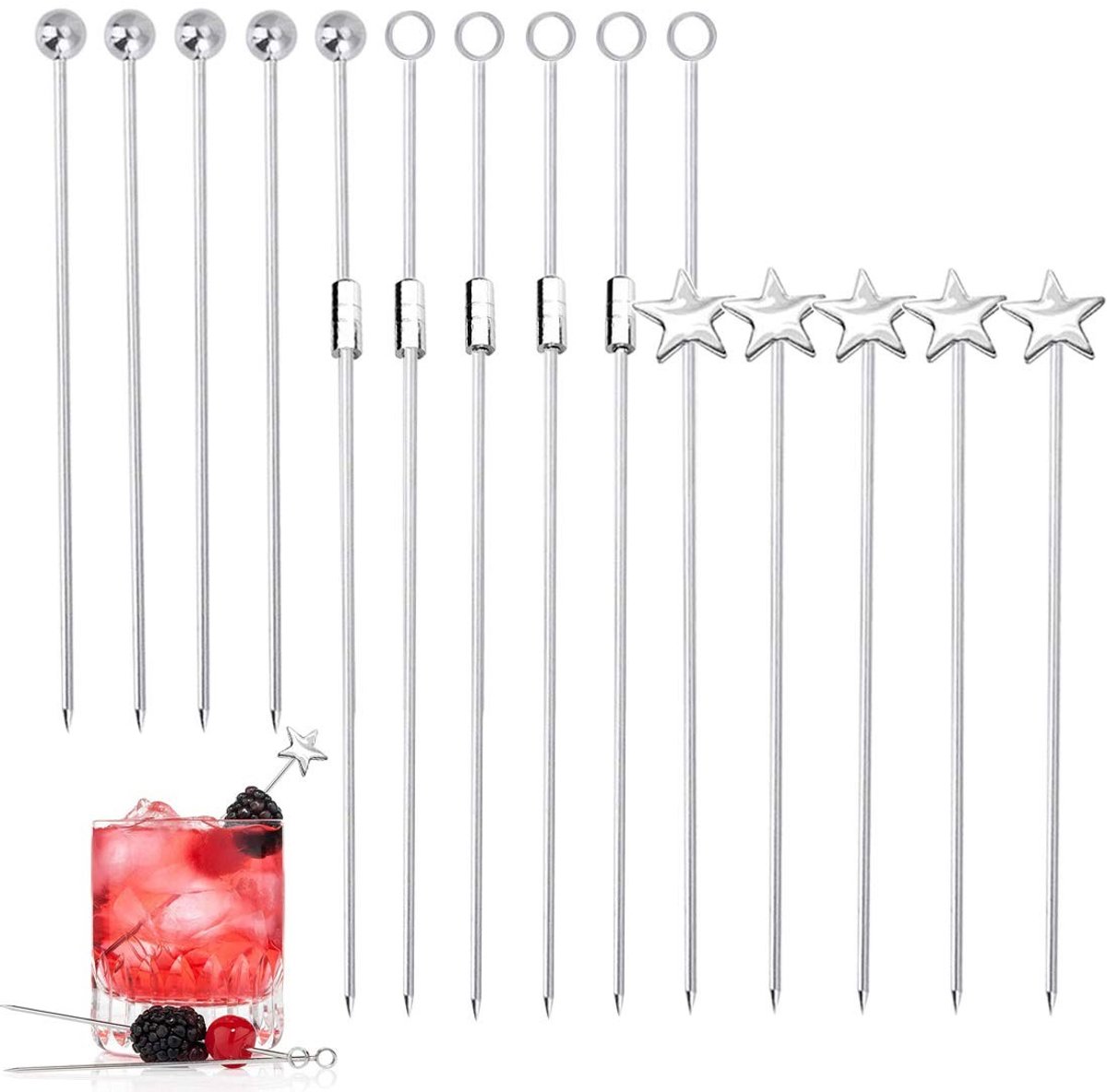 Dailygoods- Cocktailprikkers Herbruikbaar - 20 Stuks - Roestvrij Staal - Vaatwasmachinebestendig - Decoratieve Toppen - Duurzaam Materiaal - Drankprikkers