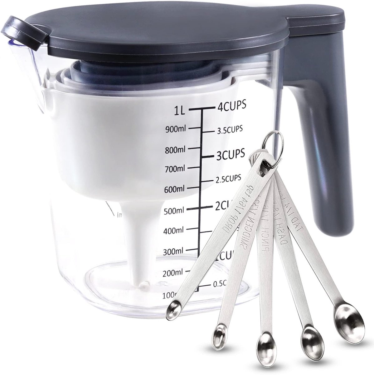 Dailygoods- Maatbekers Set van 15 - Stapelbare Maatbeker met Deksel - Roestvrijstalen Maatlepels - BPA-vrij - Voedselveilig - Inclusief Trechter - Meetset