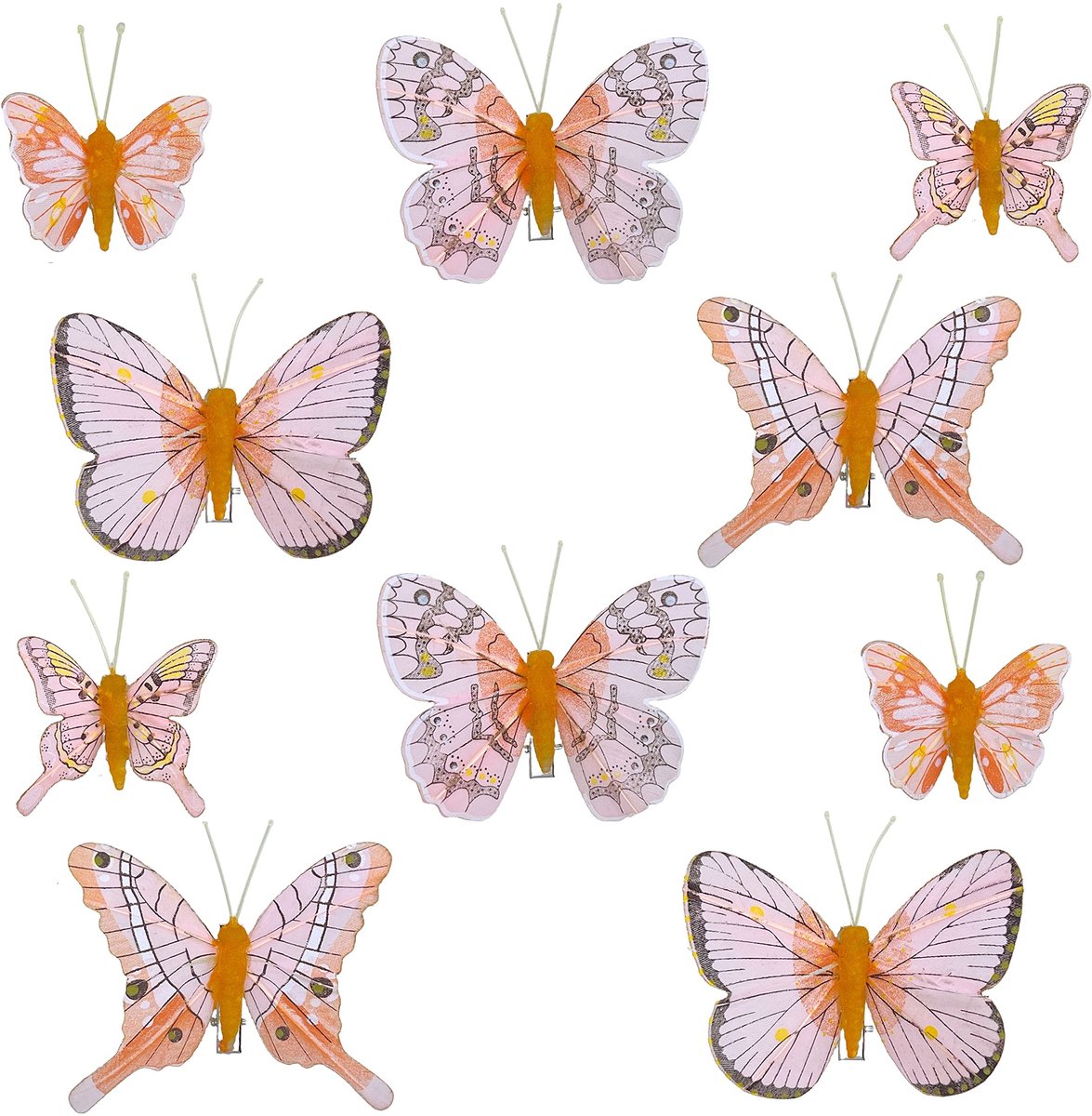 Dailygoods- Decoratieve Vlinders - Set van 10 - Roze/Oranje - Metalen Clip - Zachte Veren/Tule - Glitter Accenten - Decoratievlinders