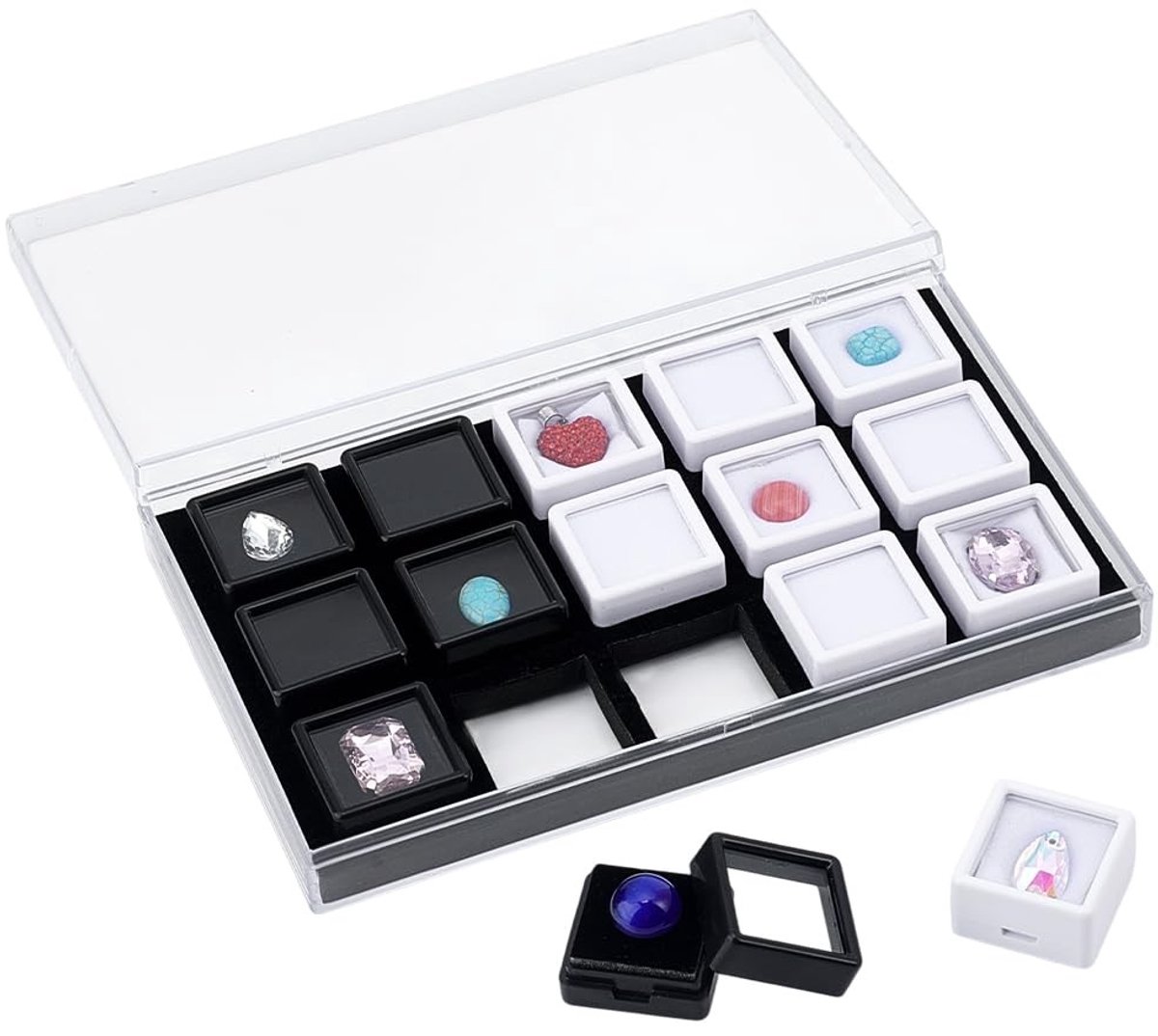 Dailygoods- Edelsteen Display Box 15 Roosters - Sieraden Organizer - Mini Edelstenen Container - Duurzaam en Sterk - Hoogwaardige Doos - Afmetingen 180x110x25 mm - Sieradenbox