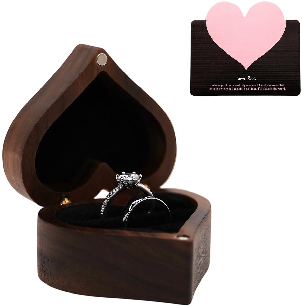 Dailygoods- Ringendoos Hartvormig - Houten Doos - Bruiloftsringhouder - Opvouwbaar - Magneetsluiting - Zacht Fluweel - Sieradendoos