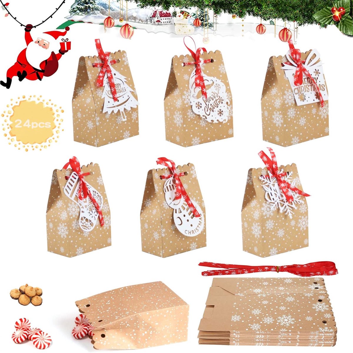 Dailygoods- Kerstcadeauzakjes 24 Stuks - Kraftpapier - Snoepzakjes - Geschenken - Koekjes - Kleine Speelgoed - Afmetingen 12 x 7 x 18,5 cm