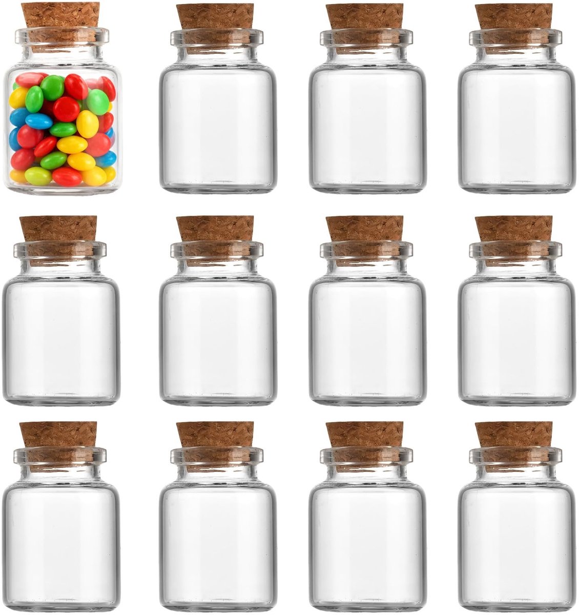 Dailygoods- Glazen Potjes 12 Stuks - Mini Flesjes 3x4 cm - Houten Deksel - DIY Decoratie - Geschikt voor Kinderen - Borosilicaatglas