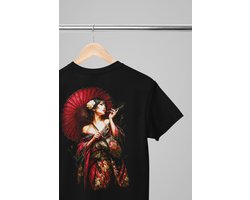Oversized shirt - Geisha estampa - Wurban Wear | Draak | Anime streetwear | Asian streetwear | Streetwear | Geisha | Techno outfit | Fantasy shirt | Gym shirt | y2k | Tattoo | Urban | Grote maten | Japanese mythology | Samurai | Zwart