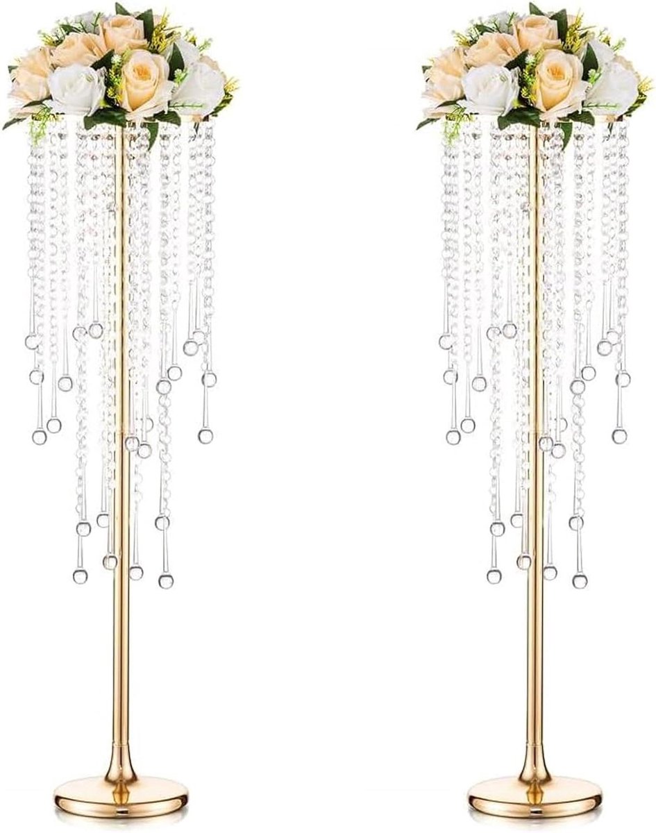 Bloemenstandaard Vaas - Middenstuk Houder - Bruiloft Decoratie - Elegante Kralen Gordijn - 75 cm Hoog - Goud