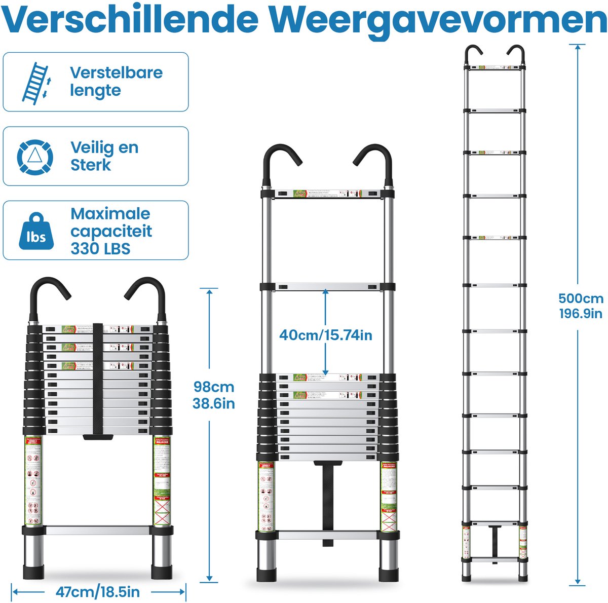 FelixKing aluminium telescopische ladder met stabiele haak, inklapbare ladder van 2,6 tot 5 meter met antislipvoetjes, lichtgewicht draagbare uitschuifladder voor huishoudelijk en buitengebruik, draagvermogen van 136 kg voor thuis, zolder en vliering – foto 6