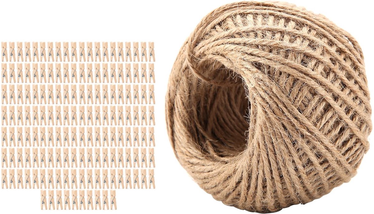 Dailygoods- Wasknijpers Hout 250 Stuks - Mini Wasknijpers - Jute Touw - Duurzaam - Milieuvriendelijk - Stevige Grip - Knijpers