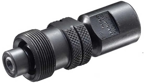 Zwarte Shimano TL-FC10 cranktrekker met geribbelde grip en schroefdraad.