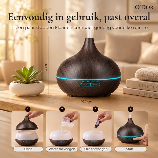 O'dor® Luchtbevochtiger - Aroma Diffuser met Geur Olie - Automatische Air Humidifier voor Slaapkamer, Babykamer, Woonkamer, Kinderkamer - Ambiance Geurdiffuser - Geurverspreider Therapie - Elektrische Ultrasone Vernevelaar & Geurverstuiver - 550ml