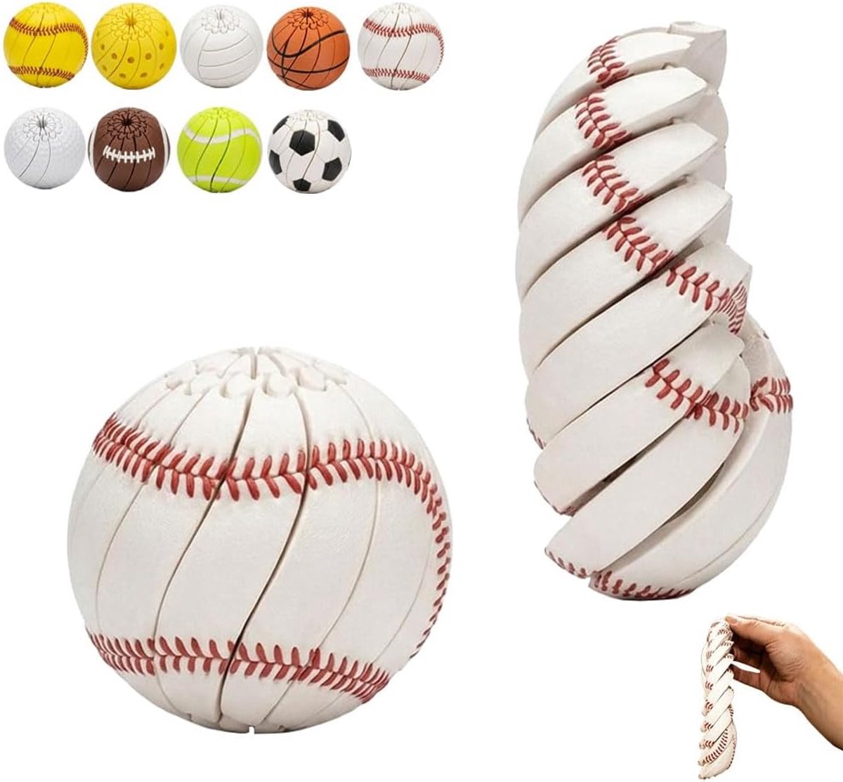 3D Geprinte Fidget Toy Bal - Stressbal Honkbal - Uittrekbare Spiraal Bal voor Stressverlichting - Anti-Stressbal voor Kinderen & Volwassenen - Draaibaar en Wendbaar Sensorisch Bureaugadget - Ideaal voor in de Klas - SOLLBRY®