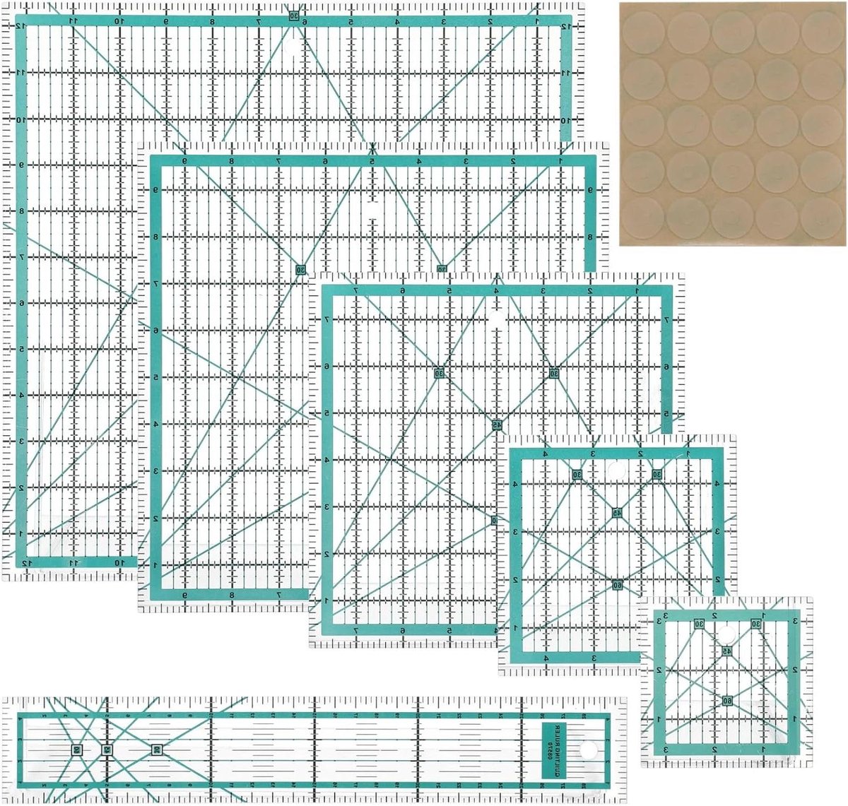 Quilten Liniaal Set - Naaistof Sjabloon - Patchwork Maken - Antislip Stabiliteit - 6 Maten - Transparant Groen