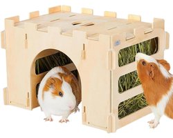 Houten Konijnenhuis - Speelhuisje Dierenverblijf - Voer en Speelplek - Geïntegreerde Hooibak - 31x21x21.5cm - Houtkleur