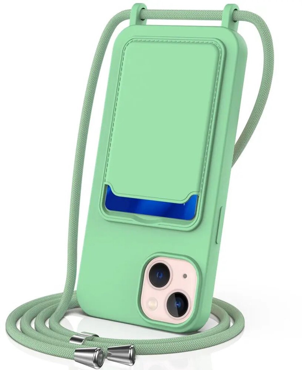Hoesje met Koord en Pasjeshouder Geschikt voor Apple iPhone 15 | Back Cover met Crossbody Koord en Kaarthouder | Ideaal voor Festival/Vakantie | Siliconen | Groen