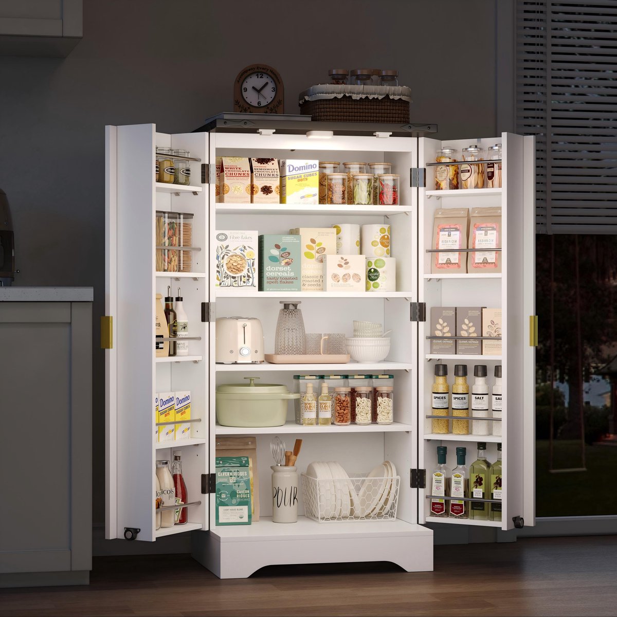 Keukenkast met LED-sensorverlichting en kruidenrek, ruime kast met dubbele deuren, verstelbare planken en modern deurontwerp - wit, 120x60x40 cm