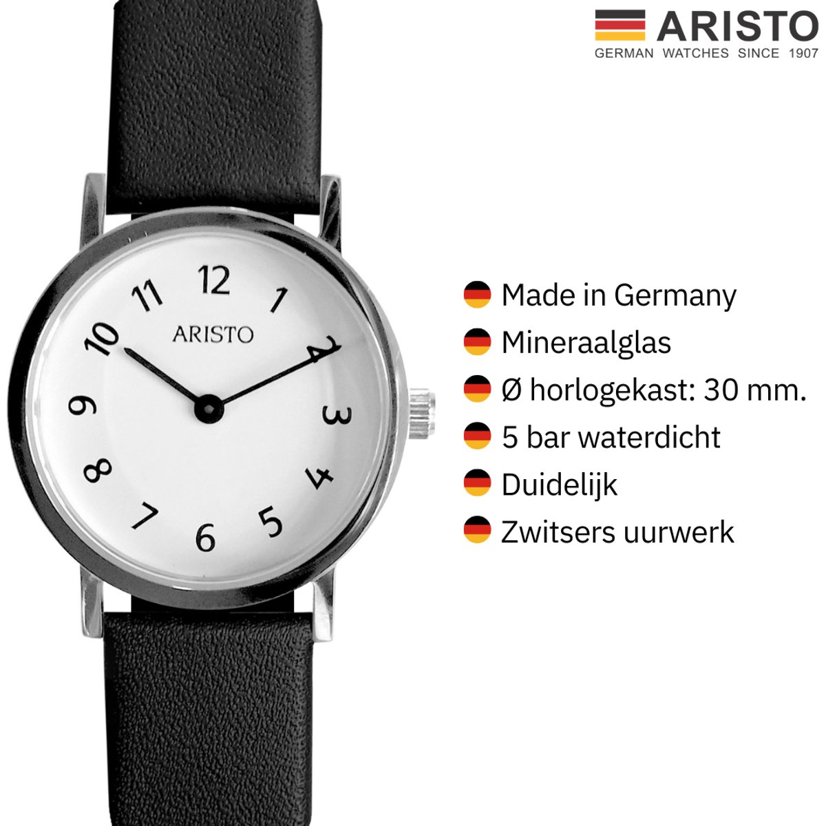 Aristo Horloge - Dames / Heren - Edelstaal - Analoog - 5 Bar - Made in Germany - Zwart Leren Bandje, Verstelbaar - Wijzerplaat 3 cm Wit - AR-7D54L
