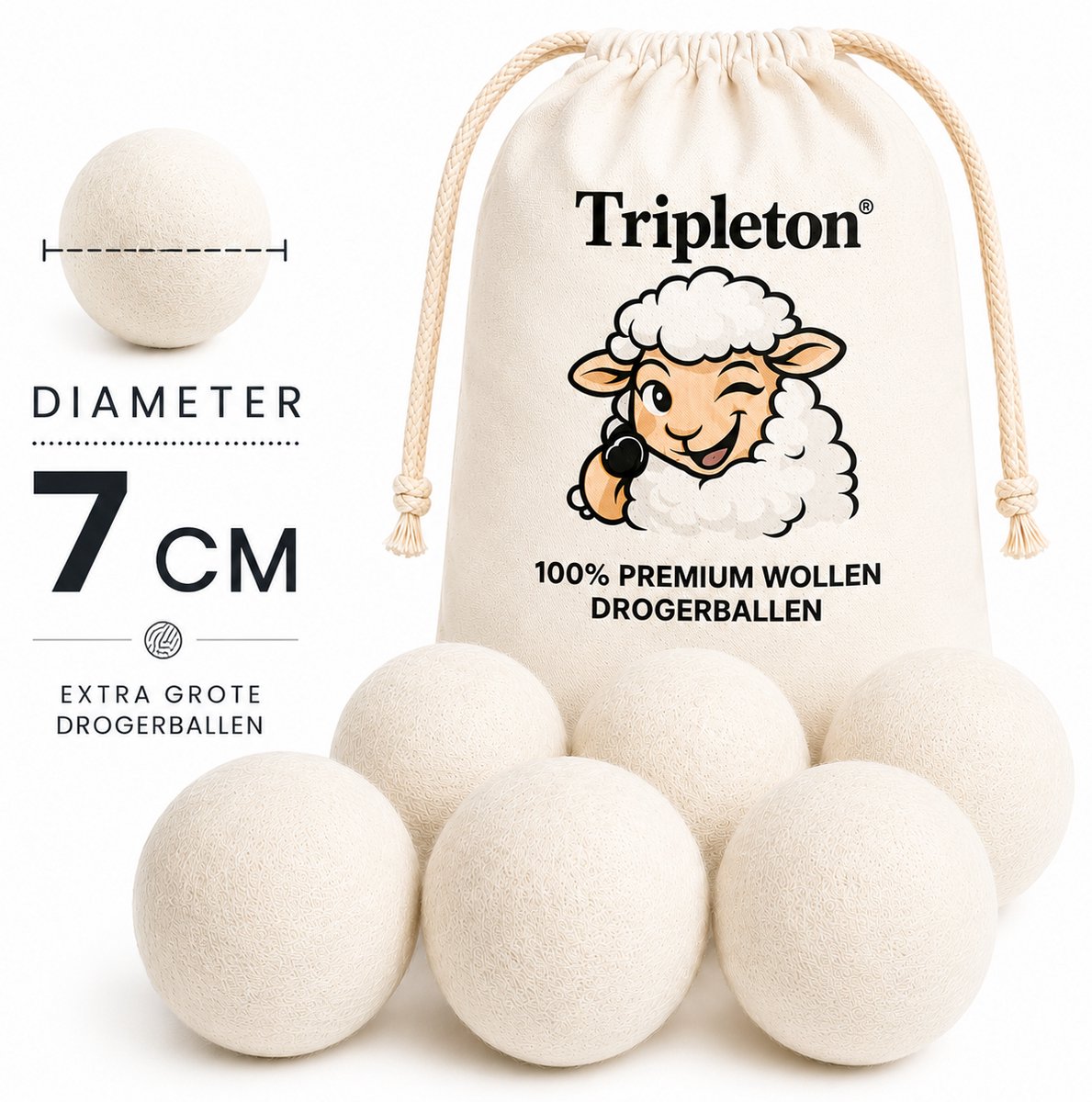 Tripleton® Drogerballen – 6 Stuks – 7 cm – 100% Schapenwol uit Nieuw-Zeeland – Wollen Drogerballen – Energiebesparend – Herbruikbaar