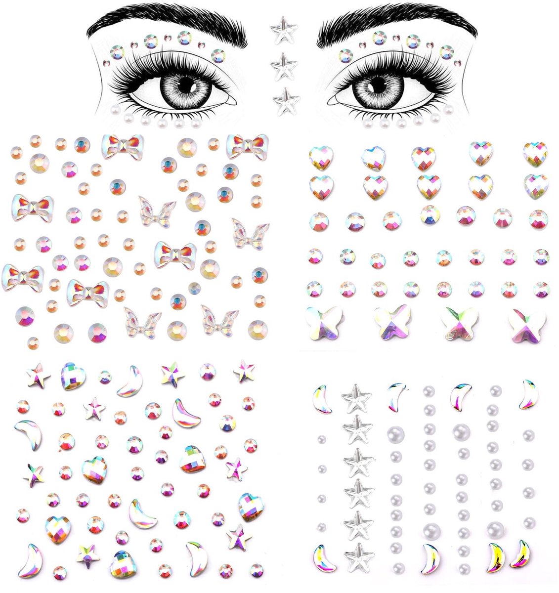 Dailygoods- Gezichtsjuwelen 4 Vellen - Kristal Stickers - Hars Edelstenen - Strass Tatoeages - Oogmake-Up - Eenvoudig te gebruiken - Decoratieve Stickers