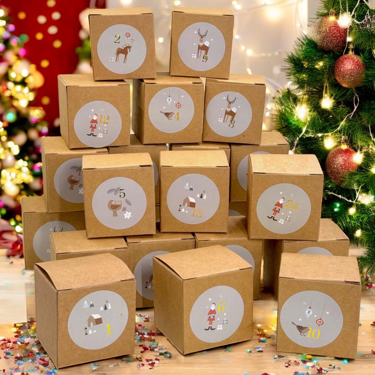 Dailygoods- Adventskalender Doe-Het-Zelf - 24 Dozen - Natuurlijke Kleuren - Cijferstickers - 5 x 5 x 5 cm - Perfect om te Vullen - Kalender