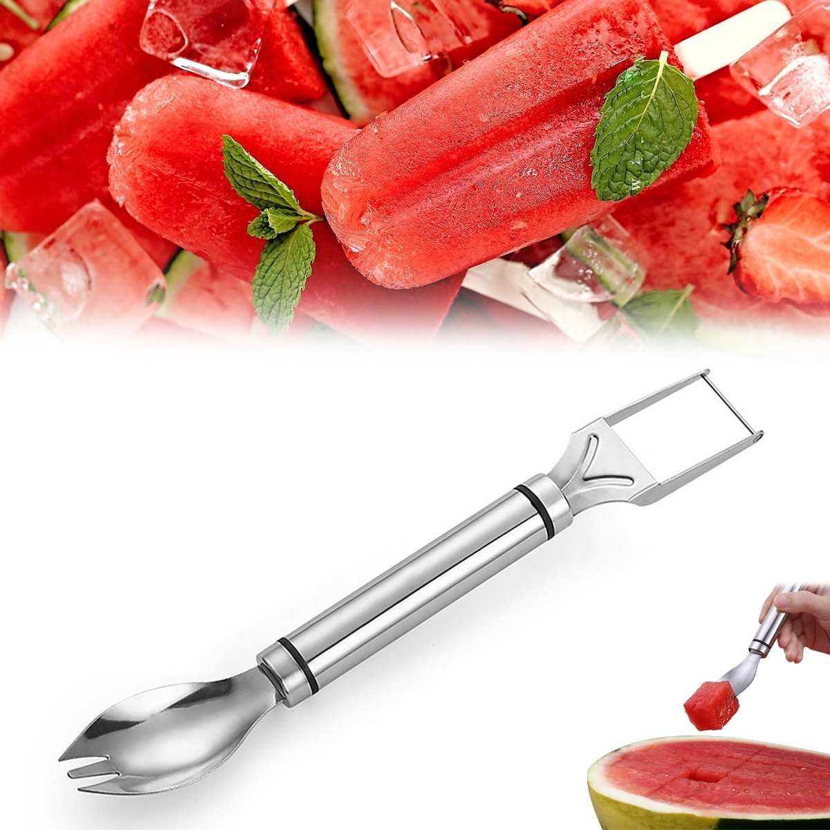 Dailygoods- Watermeloensnijder 2-in-1 - Draagbare Vork - Roestvrij Staal - Multifunctioneel - Voor Thuis/Keuken - Voedselveilig en Duurzaam - Meloensnijder