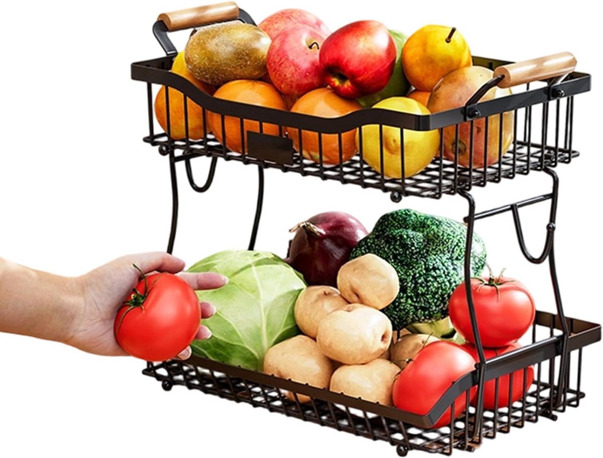 Aanrecht Fruitmand - Opbergrek Voedsel - Keuken Organiseren - 2-Etages Ontwerp - 36x25x10 cm - Zwart