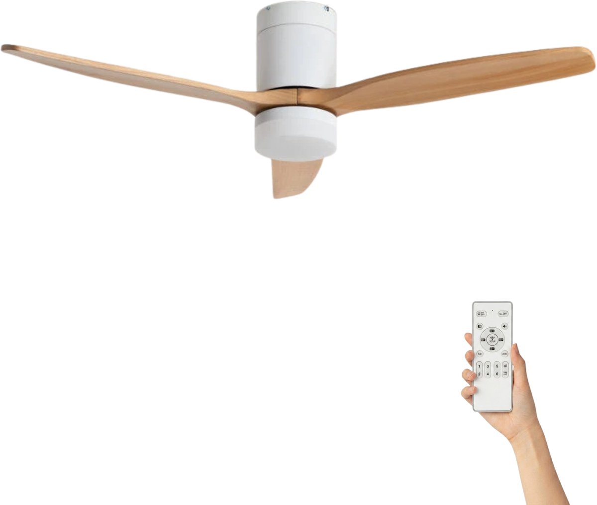 Fantiluxe - Filip - Plafondventilator met verlichting - Wit Licht Hout - Ø132cm - Afstandsbediening - Met lamp - Plafond ventilator - Slaapkamer