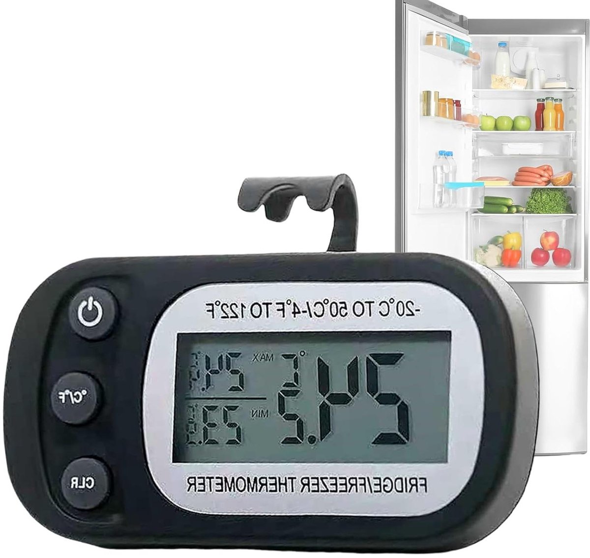 Temperatuurmeter voor koelkast, temperatuurmeter voor vriezer - Waterdichte digitale kamertemperatuurmeter,Max/Min opnamefunctie, temperatuurmeter met groot LCD-scherm