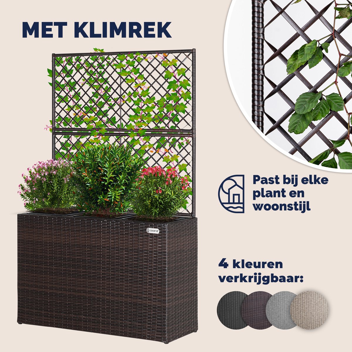 Casaria Polyrattan Plantenbak met Klimrek – 3 Bloembakken – 83x31x146 cm – Bruin — afbeelding 8