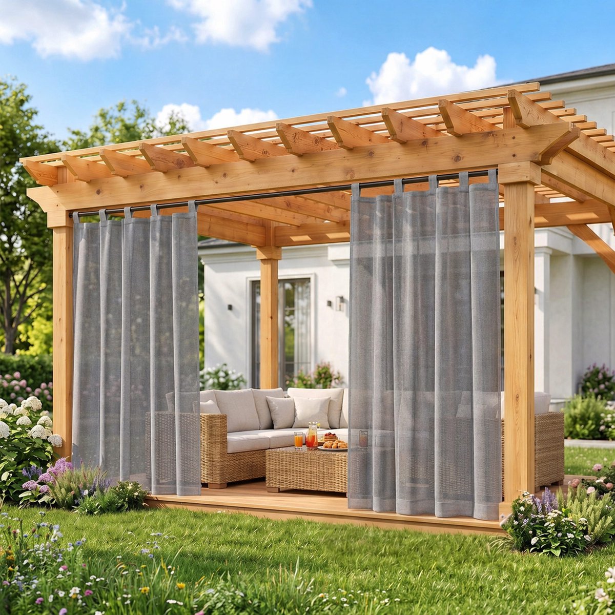 MUPOO Modern Waterafstotende Buitengordijnen met Klittenband - velcro Outdoor voile Gordijnen - Vitrages voor voor Terras, Veranda & Pergola -zonder boren - Lichtdoorlatend & Privacy - Luchtig - Lichtgrijs - 132x244cm- 2 stucks Lichtgrijs-2 stuks