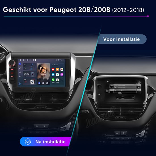 Vergelijking van het autoradio scherm voor en na installatie, geschikt voor Peugeot 208/2008.