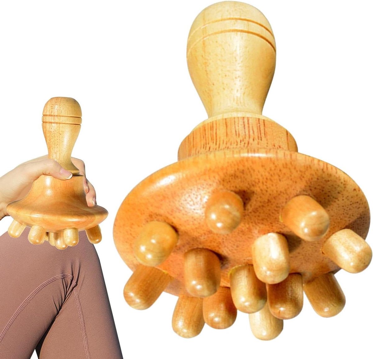 Houten massage tool - Paddenstoel vorm - Spierontspanning thuis - Ergonomisch design - 14.5 cm - Natuurlijk hout