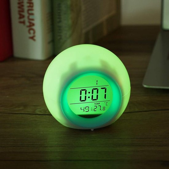 LED Wekker - Digitale Klok - Rustig Ontwaken - Zeven Kleuren Licht - Temperatuur Weergave - Blauw Wit — afbeelding 3