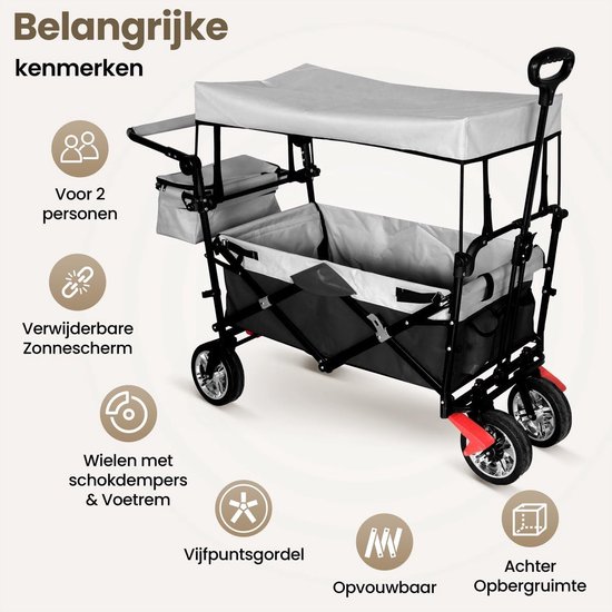 Bolderkar met dak - Bolderwagen Transportkar - Spullen Vervoeren - Vijfpuntsgordel en voetrem - 92x55x82cm - Grijs van Bolderkar — afbeelding 3