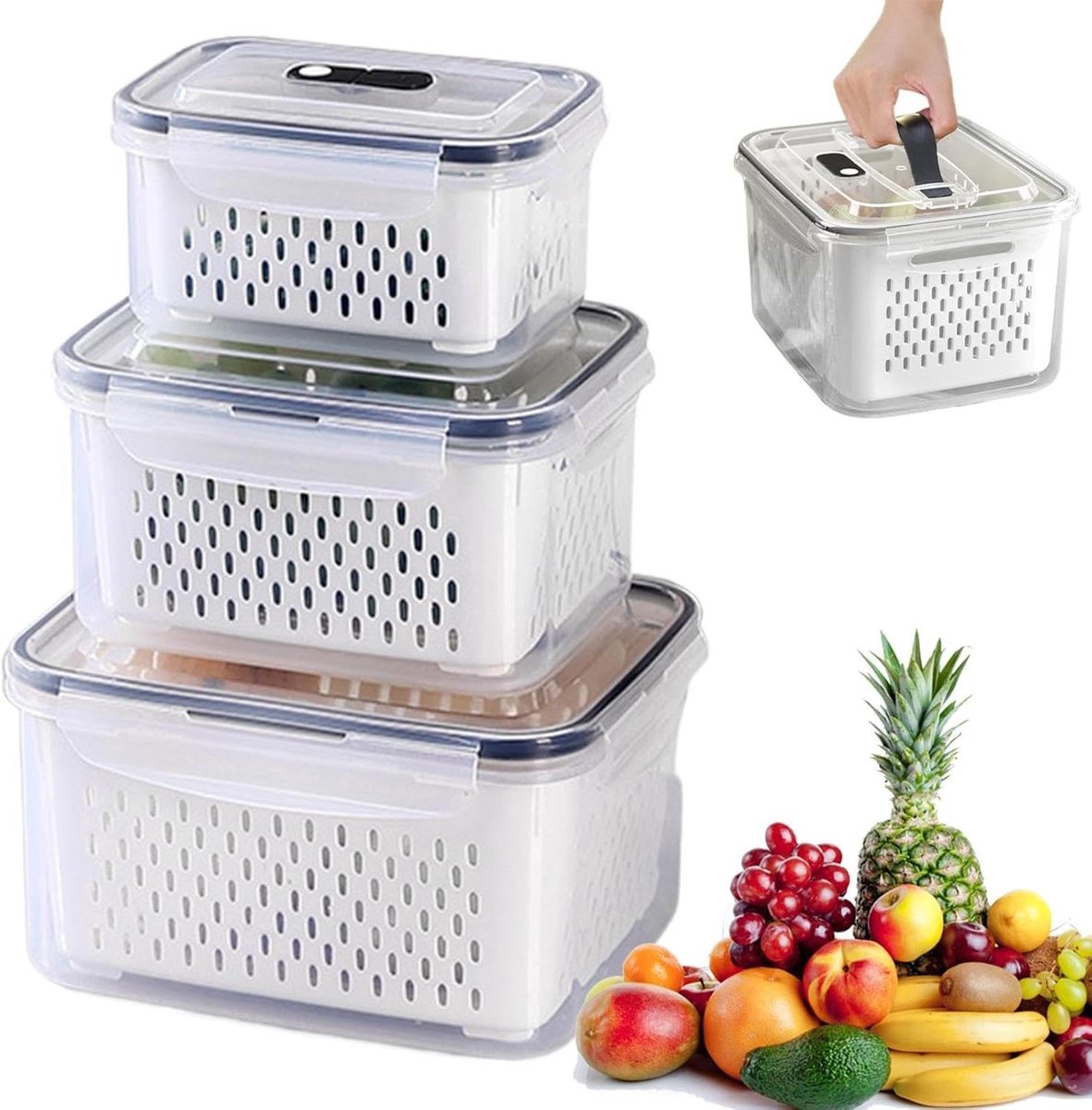 Fruitcontainer Set - Koelkast Organizer - Voedsel Vers Houden - Dubbellaags Vershoudontwerp - 3-delige set - Transparant