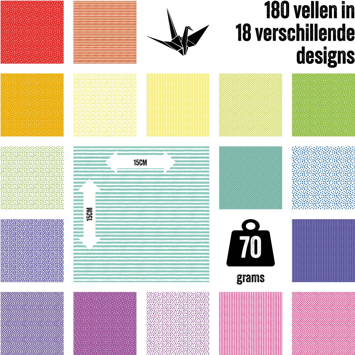 Origami Papier 180pcs - Vouwblaadjes - 15x15cm - Hobby en Creatief voor Kinderen en Volwassenen - Kraanvogel vouwen - Vouwvoorbeelden — afbeelding 4