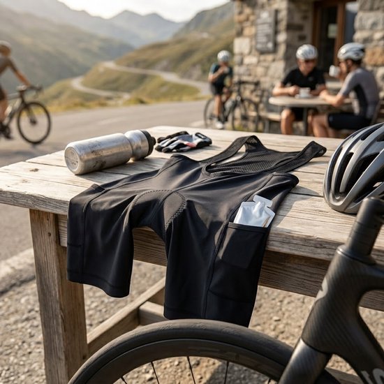 Zwarte wielren broek met zeem heren fietsbroek met bretels en zijzakken korte fietsbroek zomer racefiets wielrennen outdoor sportbroek maat M — afbeelding 3