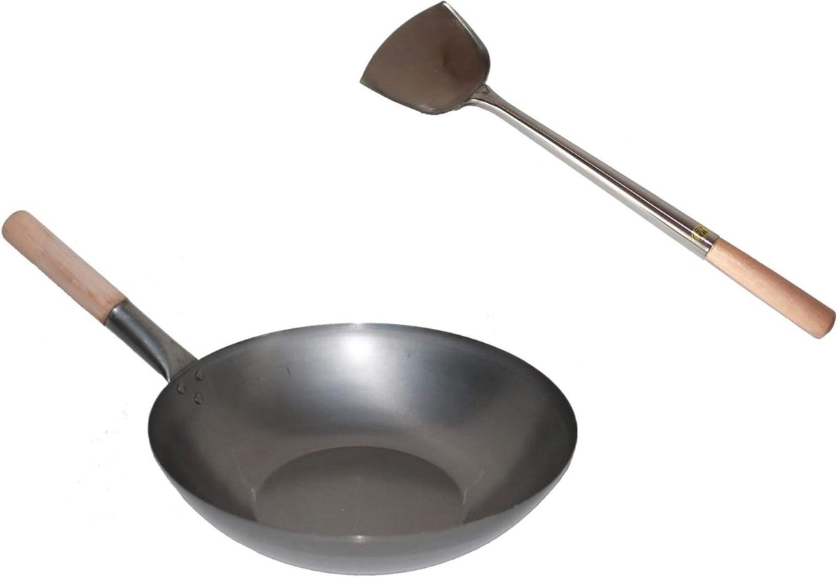 Wok Set - Wokpan met Spatel - Aziatisch Koken - Platte Bodem - 33 cm Ø - Zwart