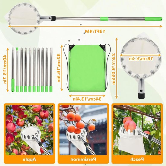 Telescopische fruitplukker met roestvrijstalen steel en katoenen tas, ideaal voor appels, kersen en pruimen, diameter 16 cm — afbeelding 5