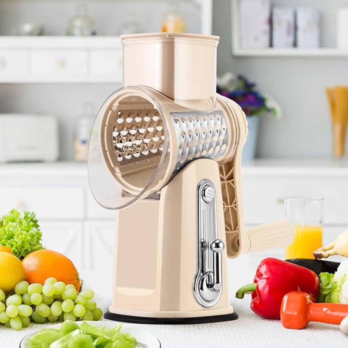 Kaasraspmolens - Roterende Kaasrasp - Groentesnijder met 5 Verwisselbare Mesjes - Stevige Zuignapvoet - Roterende Trommelrasp en Voedselhakker voor in de Keuken - Inclusief Opbergdoos voor de Mesjes - Ideaal voor Kaas - Beige