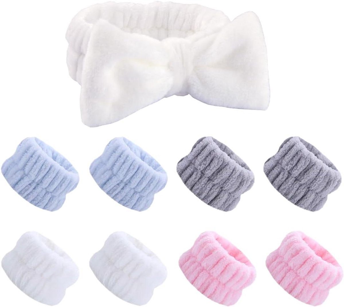 Huidverzorgingsset Manchetten - Armbanden en Hoofdband - Gezichtsreiniging Thuis - Absorberend Flanel - 9 Delig - Wit Roze Blauw Grijs