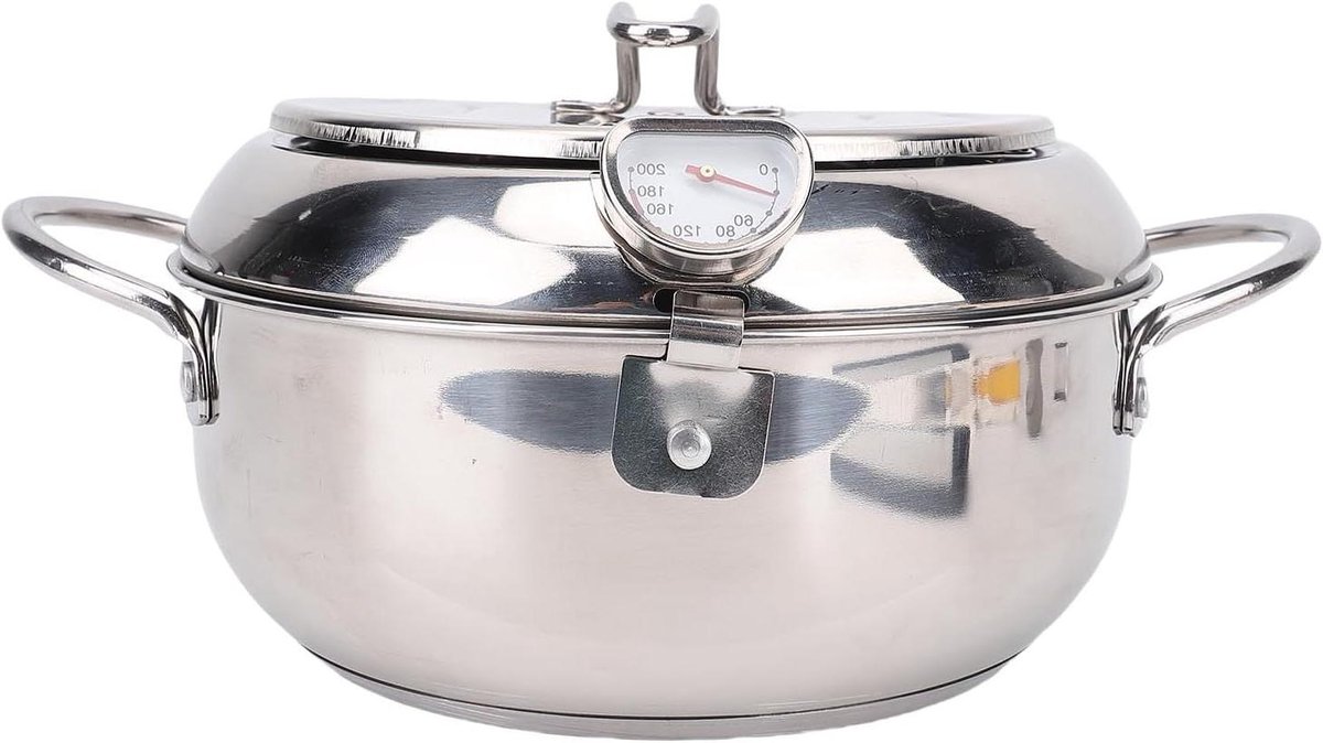 Friteusepan Roestvrij Staal - Frituurpan met Thermometer - Thuis Frituren - Met Olieafvoer - 20 cm Diameter - Zilver