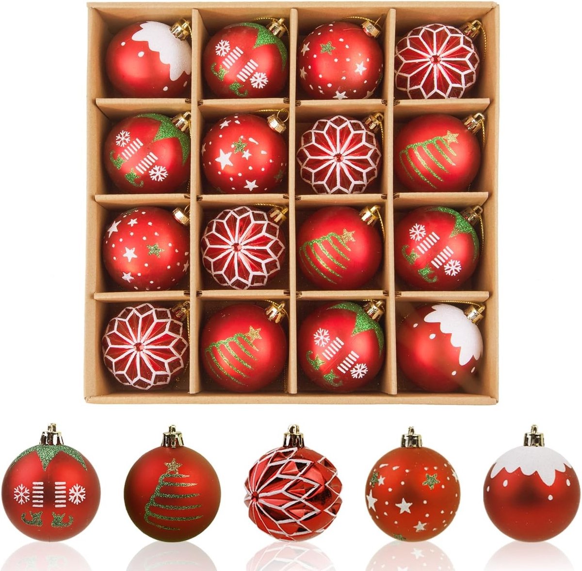 Set van 16 Kerstballen 6 cm in Unieke Ontwerpen - Matte Rode, Groene en Witte Decoraties voor Feest- en Thuisversiering