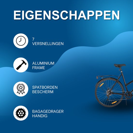 Stadsfiets 71 cm - Voor dames en heren voor woon-werkverkeer en dagelijks gebruik - Met 7 versnellingen, spatborden en bagagedrager - Zwart aluminium frame — afbeelding 2