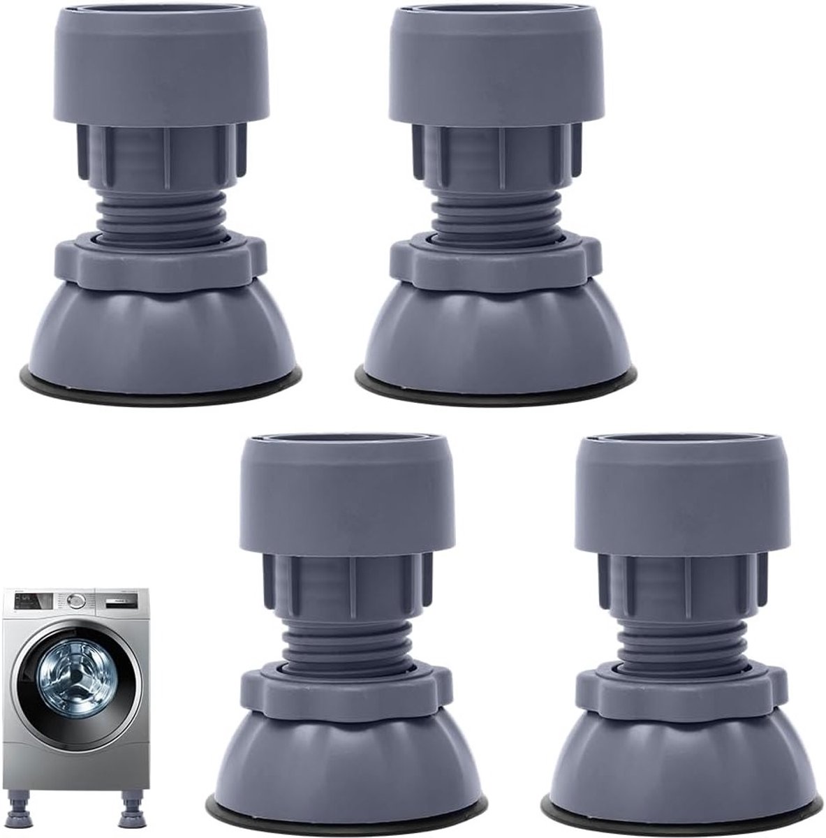 Universele trillingsdempers voor wasmachines en drogers - 4 stuks verstelbare anti-trillingsdemper, hoogte 9,5 - 12,5 cm, vibratiedemperpads voor stabiliteit en geluidsreductie