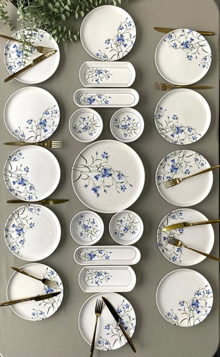 Hermia Concept - Ontbijtset (21 stuks) - Blauw, wit - 100% KERAMIEK - 27,2 x 27,2 x 35,7 cm