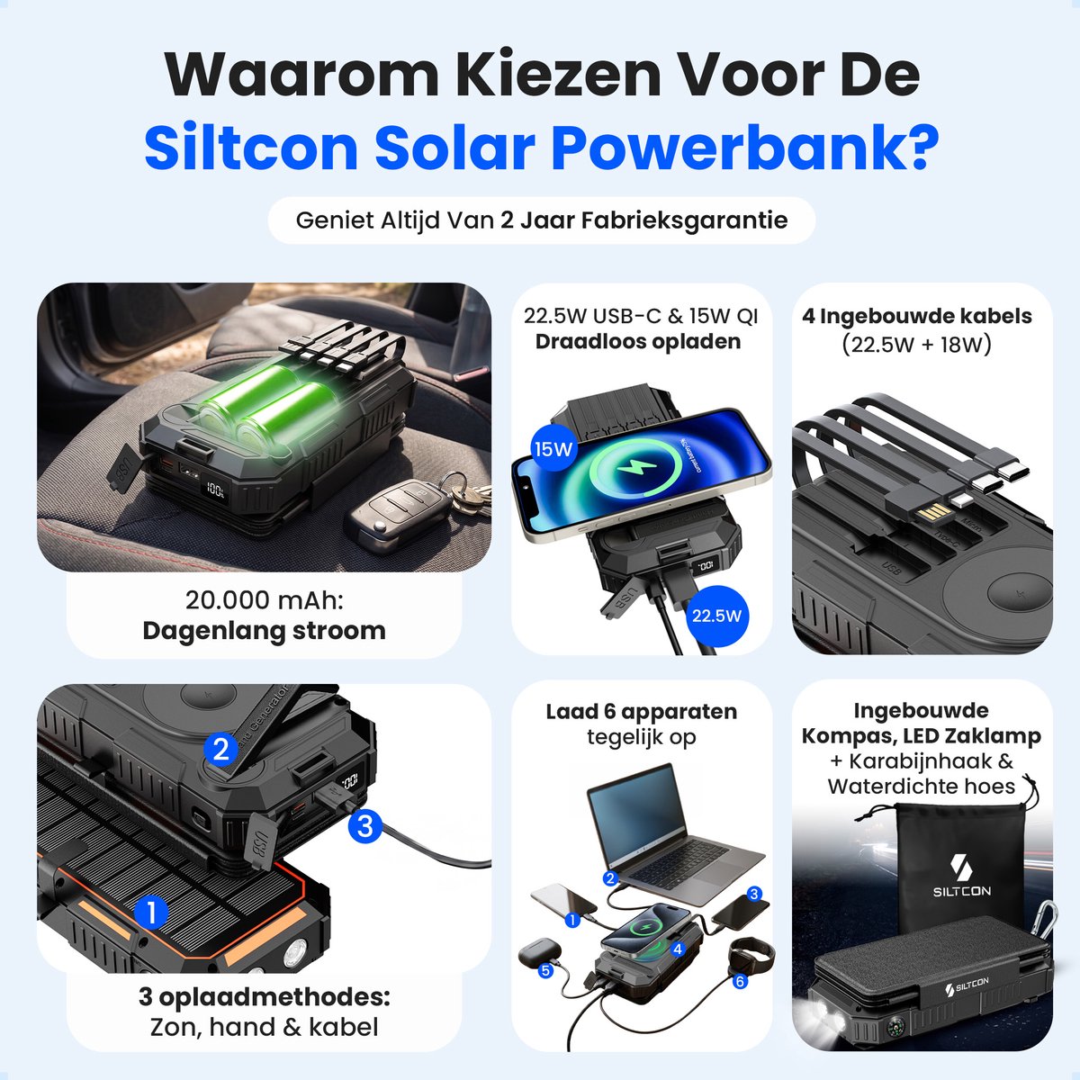 Inwealth Siltcon Powerbank 20000 mAh met Zonne-energie - afbeelding 2