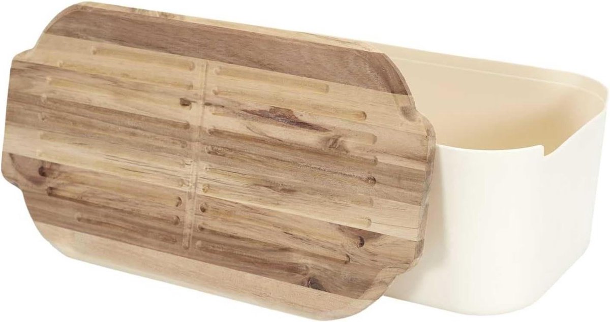 Broodtrommel met Houten Deksel - Brooddoos Keuken - Brood Vers Houden - Met Snijplank Functie - 30x20 cm - Wit Bruin