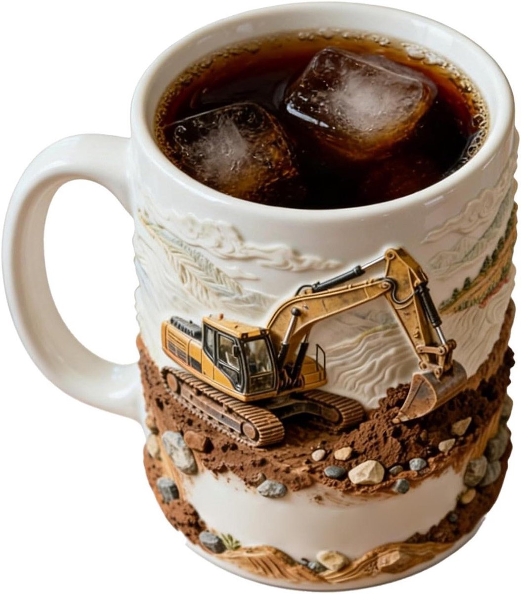 Graafmachine Mok - Koffiemok Keramiek - Drinken van Koffie - Uniek Graafmachine Design - 11oz - Geel