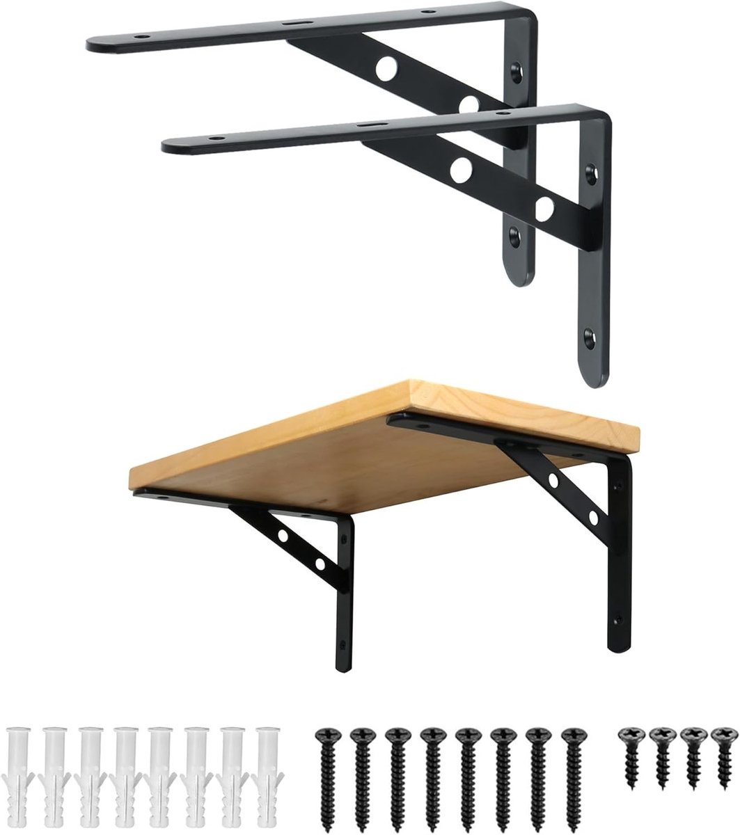 Set van 2 Driehoekige Plank Hoeken (200 x 140 x 25 mm, zwart) - Steun voor Wandplanken, Plank Consoles en Meubelaccessoires
