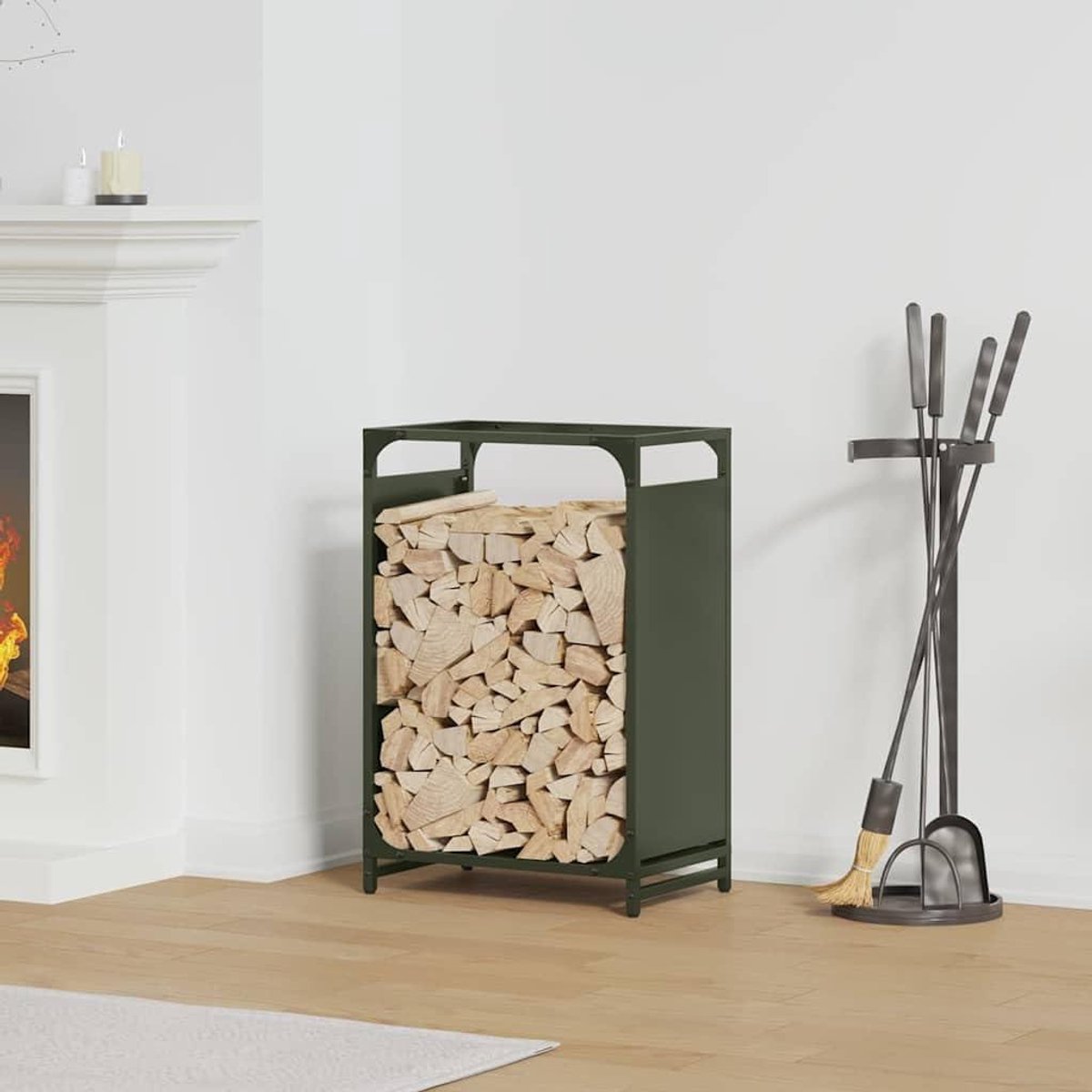 Houtrek - Houtopslagstandaard - Hout Organiseren - Koudgewalst Staal - 44x28x65 cm - Olijfgroen