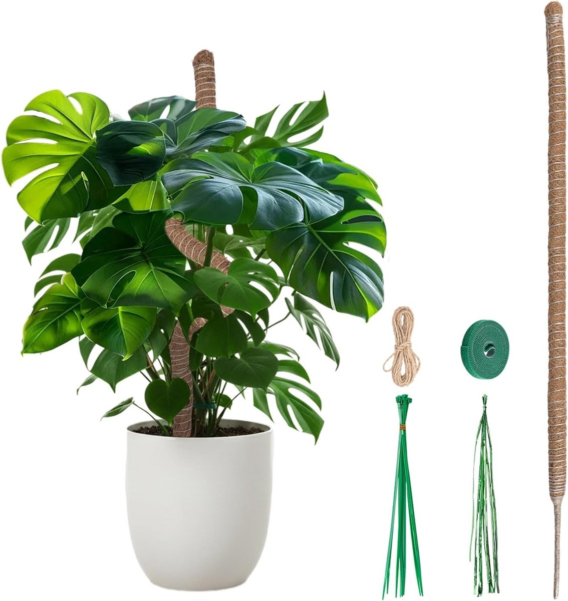 Monstera Klimstok van Kokosvezel, 120cm Flexibele Mosstok voor Grote Klimplanten, Handgemaakte Steunstok voor Binnenplanten met Accessoires